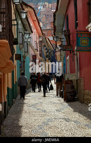 Les étroites ruelles pavées de la rue Calle Jaen, La Paz, Bolivie, Amérique du Sud Banque D'Images