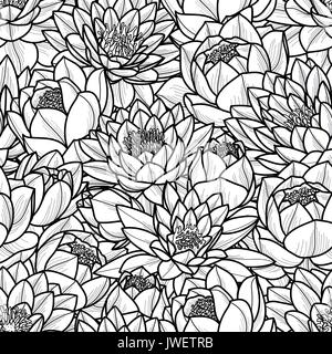 Fleur de lotus au hasard en contour noir sur fond blanc. motif transparent illustration vectorielle. Illustration de Vecteur