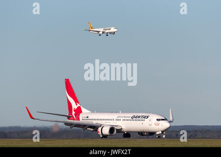 Boeing 737-800 de Qantas à l'aéroport de Sydney avec un Tiger Airways Airbus A320 en approche dans l'arrière-plan. Banque D'Images