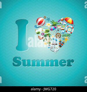 Coeur d'amour vecteur conception des vacances d'été situé sur l'arrière-plan de l'onde bleue. Illustration Eps10. Illustration de Vecteur