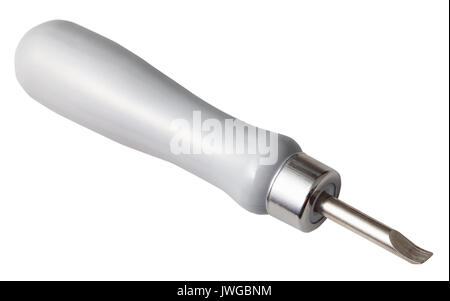 Atelier horloger - outil avec pointe courbée pour ouvrir le couvercle arrière d'une montre-bracelet isolé sur fond blanc Banque D'Images