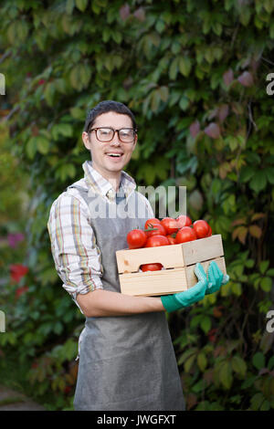 Photo de guy avec des tomates Banque D'Images