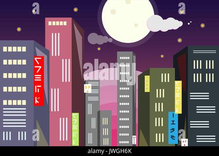 Surise paysage lunaire et Tokyo style plat Illustration de Vecteur