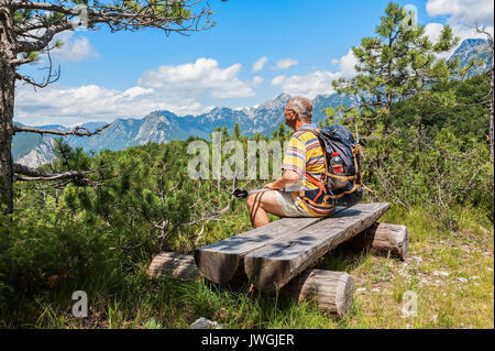 Randonneur à maturité à environ 60 ans. Walker en reste . Rambler regardant le paysage de montagne. Retraite active. Banque D'Images