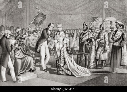 La Rajas de Rewa, Benares et Chikari être décorés pour leur fidélité à l'anglais au cours de la rébellion indienne par Lord Canning à Cawnpore en 1859. John Charles Canning, 1er comte Canning, 1812 - 1862 aka le Vicomte Canning. D'état anglais et gouverneur général de l'Inde au cours de la rébellion indienne de 1857. L'histoire de Hutchinson de l'ONU, publié en 1915. Banque D'Images