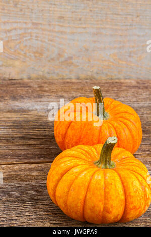 Deux citrouilles oranges fraîchement cueillies à l'automne les feuilles sur le tableau texturé en bois Banque D'Images