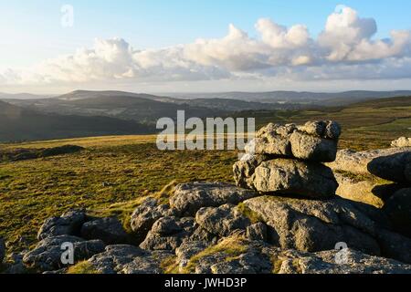 Haytor, Dartmoor, Devon, UK. 12 août 2017. Météo britannique. La vue depuis les rochers à regarder vers Haytor Hound Tor dans le Parc National de Darmoor, Devon sur une chaude soirée ensoleillée. Crédit photo : Graham Hunt/Alamy Live News Banque D'Images