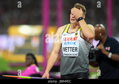 Londres, Royaume-Uni. 12 août 2017. Johannes Vetter (GER) remporte la finale du javelot hommes au stade de Londres, au jour 9 des Championnats du monde IAAF 2017 à Londres. Deuxième Jakub Vadlejch (CZE), troisième Petr Frydrych (CZE). Crédit : Stephen Chung / Alamy Live News Banque D'Images