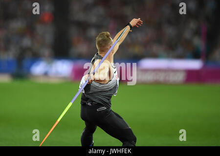 Londres, Royaume-Uni. 12 août 2017. Johannes Vetter (GER) remporte la finale du javelot hommes au stade de Londres, au jour 9 des Championnats du monde IAAF 2017 à Londres. Deuxième Jakub Vadlejch (CZE), troisième Petr Frydrych (CZE). Crédit : Stephen Chung / Alamy Live News Banque D'Images