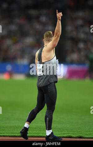 Londres, Royaume-Uni. 12 août 2017. Johannes Vetter (GER) remporte la finale du javelot hommes au stade de Londres, au jour 9 des Championnats du monde IAAF 2017 à Londres. Deuxième Jakub Vadlejch (CZE), troisième Petr Frydrych (CZE). Crédit : Stephen Chung / Alamy Live News Banque D'Images