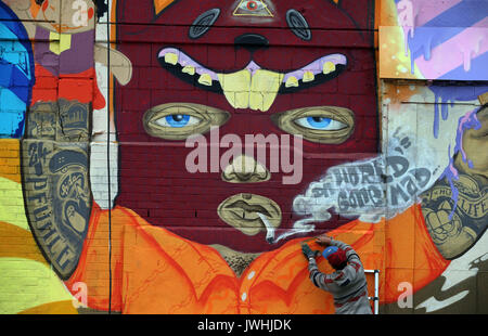 Würzburg, Allemagne. 12Th Aug 2017. Un artiste de graffiti peintures par pulvérisation le mur d'un ancien supermarché dans l'ancienne base militaire américaine à Würzburg, Allemagne, 12 août 2017. Les artistes de rue du monde entier sont réunis à la ville bavaroise de l'Streetmeet Festival, une semaine de festival de graffiti. Photo : Karl-Josef Opim/dpa/Alamy Live News Banque D'Images