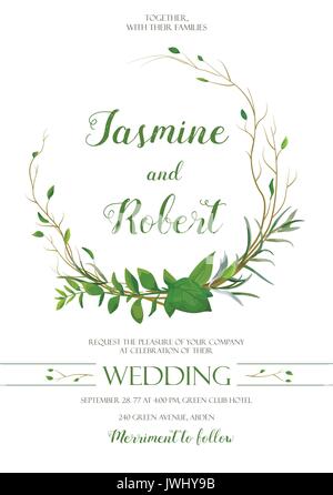 Carte d'Invitation de mariage, inviter gerbe Design avec willow, Eucalyptus feuille verte branches herbacée luxuriante composition cadre mix. Vector elega Illustration de Vecteur