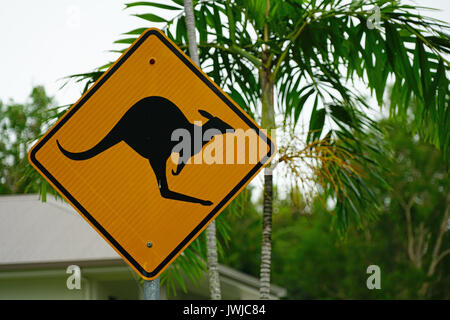 Un kangourou jaune crossing road sign dans un quartier résidentiel en Australie Banque D'Images