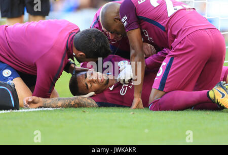 Gabriel Jesus de Manchester City se blesse lors du match de la Premier League au stade AMEX de Brighton. APPUYEZ SUR ASSOCIATION photo. Date de la photo: Samedi 12 août 2017. Voir PA Story FOOTBALL Brighton. Le crédit photo devrait se lire comme suit : Gareth Fuller/PA Wire. RESTRICTIONS : aucune utilisation avec des fichiers audio, vidéo, données, listes de présentoirs, logos de clubs/ligue ou services « en direct » non autorisés. Utilisation en ligne limitée à 75 images, pas d'émulation vidéo. Aucune utilisation dans les Paris, les jeux ou les publications de club/ligue/joueur unique. Banque D'Images