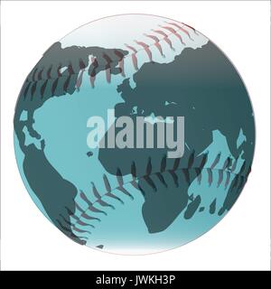 Un nouveau livre blanc au baseball avec surpiqûres rouges avec un globe terrestre sur un fond blanc. Illustration de Vecteur