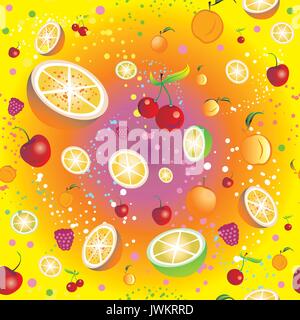 Modèle transparent avec des fruits et des petits fruits (cerise, orange, citron vert, abricot, framboise) sur fond coloré Illustration de Vecteur