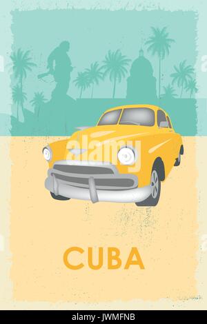 Symboles de voyage à Cuba - Capitol, vieille voiture, de palmiers, de Che Guevara monument. Poster rétro. Illustration de Vecteur