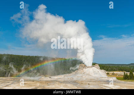 Le Château Geyser dans le Parc National de Yellowstone est l'apparition d'un arc-en-ciel, Wyoming, United States of America, USA. Banque D'Images