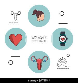 Fond blanc femme infographique avec santé cadres circulaire bleu femme avec la tête et le cœur et l'appareil reproducteur féminin et moniteur d'impulsions d'horloge Illustration de Vecteur