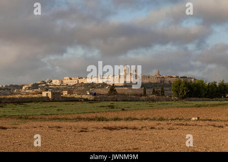 Bastide perchée ancienne capitale de Malte, la ville silencieuse, Mdina ou L-Mdina, ligne d'horizon au lever du soleil. Banque D'Images