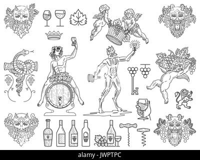 Ensemble d'insignes et de vin et d'icônes pour l'utilisation noir sur blanc Illustration de Vecteur