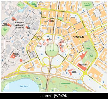 Carte routière de vecteur centre de canberra, Australie Illustration de Vecteur