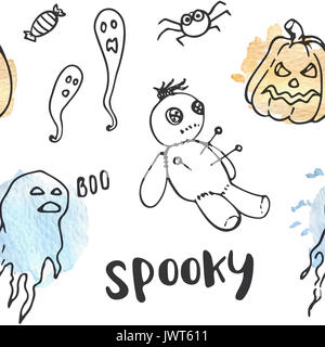 Doodle Halloween modèle homogène. Illustration à la main. Banque D'Images