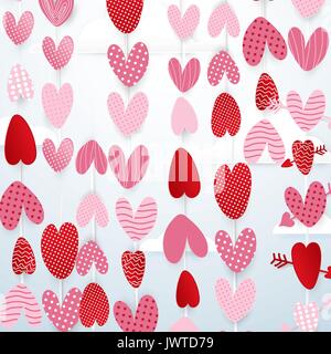 Cute hearts accrocher dans le ciel valentines day concept Contexte. Le papier coupé, origami Illustration de Vecteur