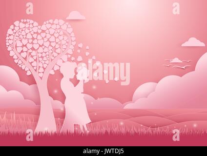 Valentines Day background. Couple standing under tree de l'amour en mer concept l'amour romantique. papier coupé, l'art, l'origami Illustration de Vecteur