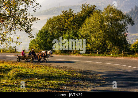 Volovets, Ukraine - 30 SEP 2016 : famille gitane monter un cheval panier sur la serpentine dans la campagne d'automne lumineux. zone lever du soleil dans les Carpates Banque D'Images