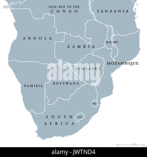 L'Afrique du Sud politique tracer des frontières des pays et l'anglais à l'étiquetage. La région la plus méridionale du continent africain. L'illustration. Banque D'Images