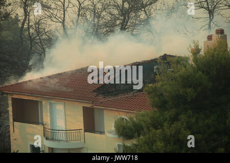 Athènes. 13e Août 2017. La fumée monte d'un toit d'une maison après un incendie a éclaté dans une zone forestière dans le nord de la banlieue athénienne de Kalamos, le 13 août 2017. Un important feu de forêt a éclaté dans la banlieue d'Athènes le dimanche, causant des dommages-intérêts, selon l'agence de presse d'Athènes. Credit : Christos Bonis/Xinhua/Alamy Live News Banque D'Images