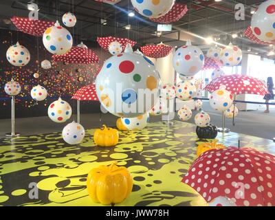 Fuzhou, Chine. 14Th Aug 2017. L'exposition de Yayoi Kusama est tenue à Fuzhou, Chine du sud-est de la province de Fujian, avec 21 peintures à l'huile et 29 bloc de sérigraphie impressions. Yayoi Kusama est un artiste japonais et écrivain. Tout au long de sa carrière, elle a travaillé dans une grande variété de médias, y compris la peinture, collage, sculpture souple, la performance, et de l'environnement, la plupart d'installations qui présentent son intérêt thématique en couleurs psychédéliques, la répétition, et le motif. Crédit : SIPA Asie/ZUMA/Alamy Fil Live News Banque D'Images
