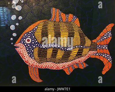 Fuzhou, Chine. 14Th Aug 2017. L'exposition de Yayoi Kusama est tenue à Fuzhou, Chine du sud-est de la province de Fujian, avec 21 peintures à l'huile et 29 bloc de sérigraphie impressions. Yayoi Kusama est un artiste japonais et écrivain. Tout au long de sa carrière, elle a travaillé dans une grande variété de médias, y compris la peinture, collage, sculpture souple, la performance, et de l'environnement, la plupart d'installations qui présentent son intérêt thématique en couleurs psychédéliques, la répétition, et le motif. Crédit : SIPA Asie/ZUMA/Alamy Fil Live News Banque D'Images