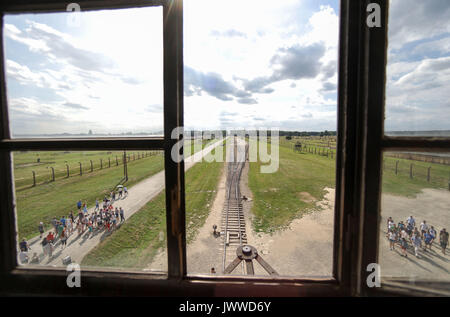 Les visiteurs marchent à travers l'ancien camp de concentration d'Auschwitz-Birkenau à Oswiecim, Pologne, 26 juin 2017, photographiés à travers une fenêtre de la tour de guet. La principale organisation paramilitaire de l'Allemagne nazie, SS (Schutzstaffel, allumé. L'Escadron 'Protection'), a couru le camp de la mort et de concentration entre 1940 et 1945. Les personnes expulsées ont été choisis en différents groupes sur la rampe entre les pistes juste après leur arrivée à Birkenau. Les personnes qui n'ont pas été en mesure de travailler (les personnes âgées, faibles, femmes, enfants) sont parfois envoyés à la chambre à gaz sans enregistrement. Environ 1,1 à Banque D'Images