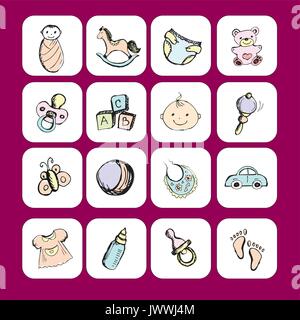 Articles de bébé nouveau-né icônes,accessoires et jouets, dessin à la main,vector Illustration de Vecteur