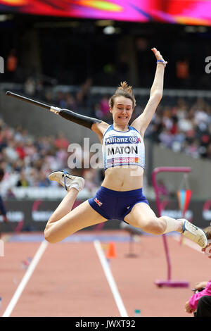 Polly MATON de Grande-Bretagne obtient l'argent au saut en longueur femmes T47 à la finale des Championnats du monde à Londres 2017 Para Banque D'Images