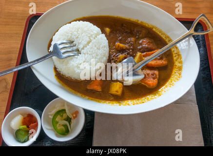 Curry japonais, à la fondue de boeuf, carottes, pommes de terre et riz blanc dans un bol blanc Banque D'Images