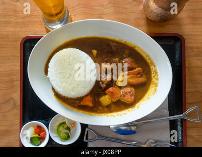 Curry japonais, à la fondue de boeuf, carottes, pommes de terre et riz blanc dans un bol blanc Banque D'Images