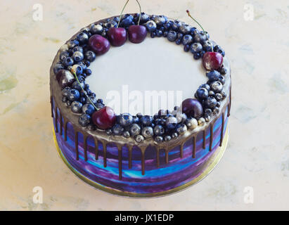 Gâteau de fête avec lumineux bleu de baies et de chocolat. Banque D'Images