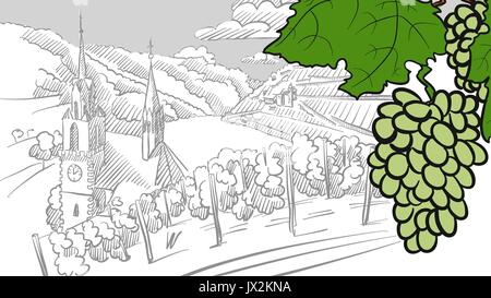 Les raisins de la vigne et des vignobles en arrière-plan, faites pour le marquage à l'espace de copie couleur, croquis handdrawn Illustration de Vecteur