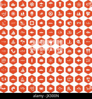 100 icônes mer orange hexagonale Illustration de Vecteur