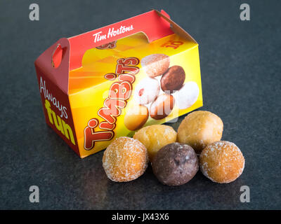 (Trous de beignes Timbits, des trous de beignes de Tim Hortons, une populaire chaîne de restauration rapide canadienne. Banque D'Images