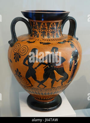 Héraclès et le lion de Némée, avec Thésée et le Minotaure, cou amphora (Pot de rangement), Grec, Grenier, 540 530 avant J.-C., terre cuite, technique de la figure noire M Arthur Sackler Museum, Harvard University DSC01551 Banque D'Images