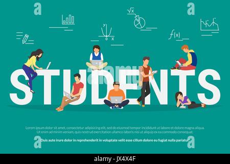 Les étudiants des jeunes d'illustration vectorielle pour usinggadgets e-learning, l'étude de distance et l'éducation en ligne Illustration de Vecteur