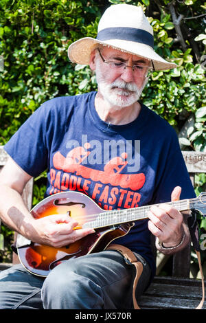 Homme mature avec des lunettes et courte barbe blanche, assis sur le banc de parc, il porte le chapeau de paille et t-shirt, à l'ukulele. Close-up. Banque D'Images