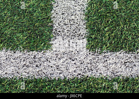 L'herbe verte avec une bande blanche du terrain de soccer. Ligne blanche sur l'herbe verte d'un terrain de jeu. Faux Gazon utilisées sur les terrains de sport pour le football, bas Banque D'Images