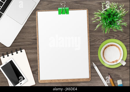 Presse-papier blanc vide sur office 24 vue d'en haut Banque D'Images