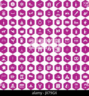 100 icônes d'alcool violet hexagonale Illustration de Vecteur