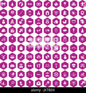 100 icônes bébé violet hexagonale Illustration de Vecteur